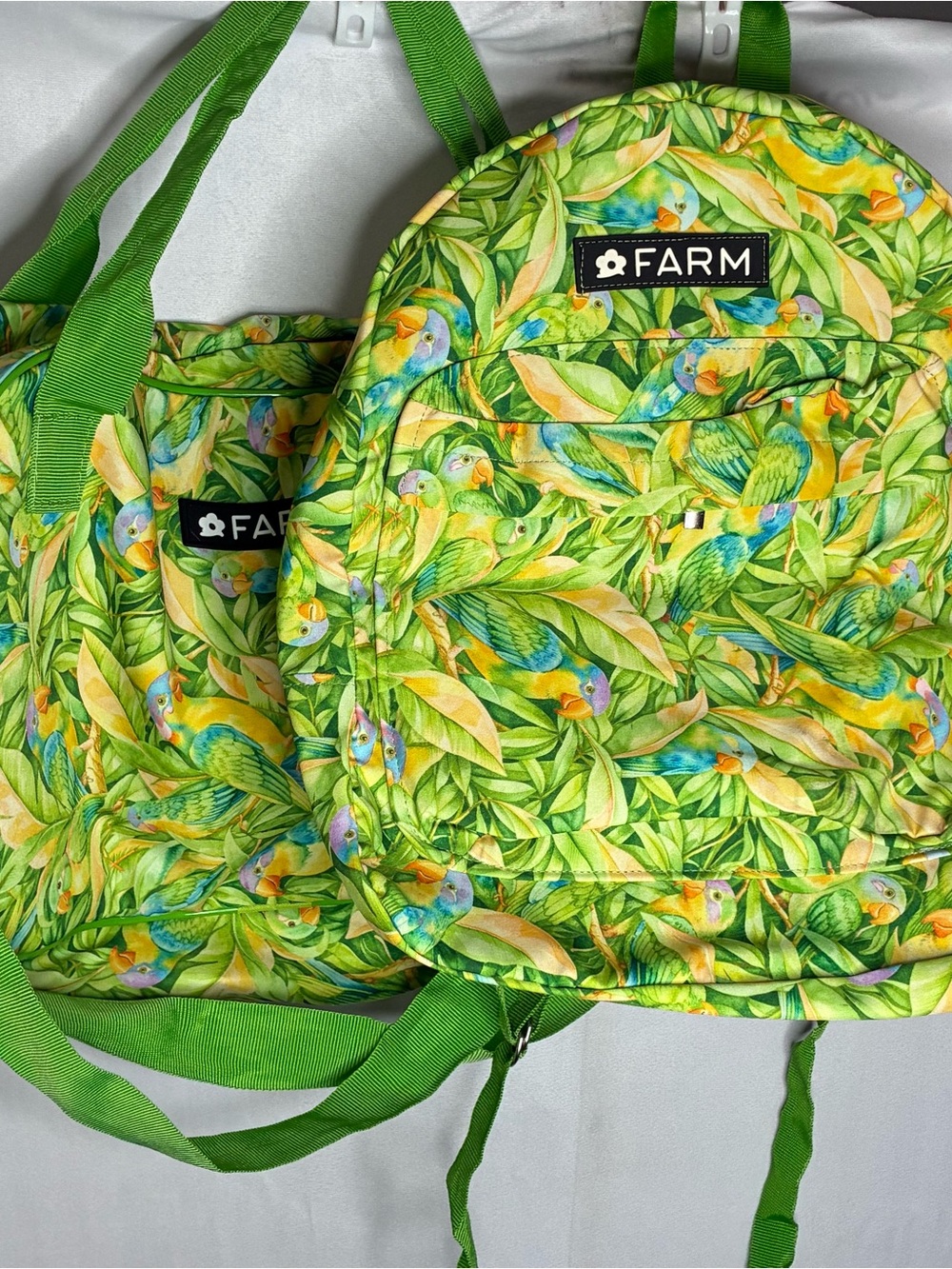 NWOT FARM Rio Green Tropical Parrot Print Backpack & Duffle Bag Matching Set